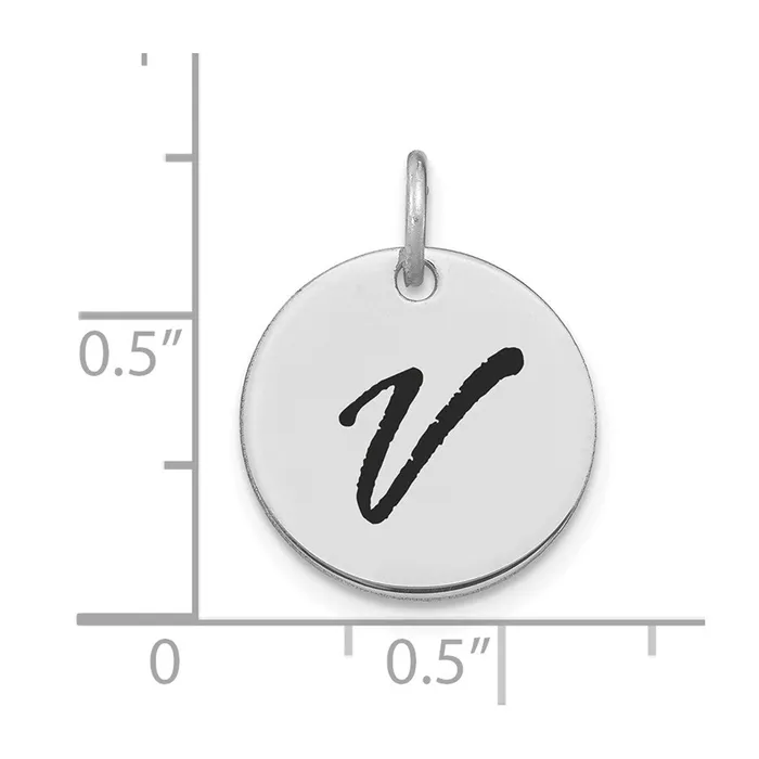 Charm Necklaces TreasureFineJewelers 14k White Gold Polished Black Enamel Letter V Initial Disk Charm