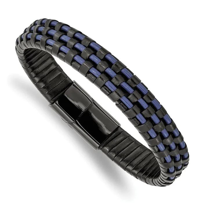 Chisel Stainless Steel Polished Black IPplated and Black and Blue Leather 825 inch Bracelet TreasureFineJewelers Bracelets Chisel Stainless Steel Polished Black IPplated and Black and Blue Leather 825 inch Bracelet TreasureFineJewelers Bracelets