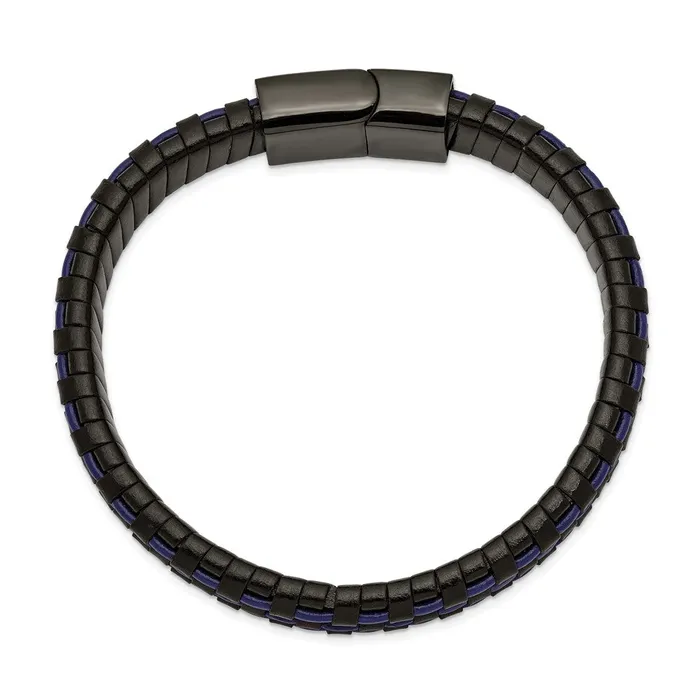 Chisel Stainless Steel Polished Black IPplated and Black and Blue Leather 825 inch Bracelet TreasureFineJewelers Bracelets
