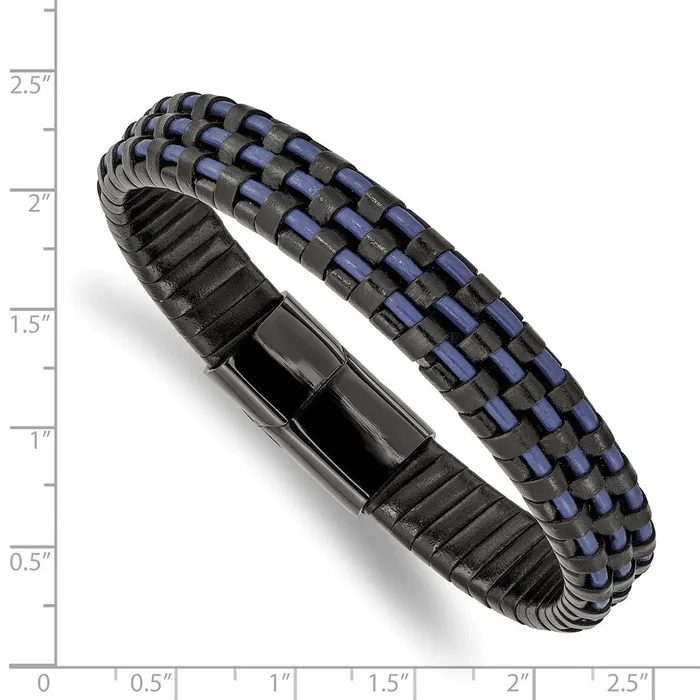 Chisel Stainless Steel Polished Black IPplated and Black and Blue Leather 825 inch Bracelet TreasureFineJewelers Bracelets