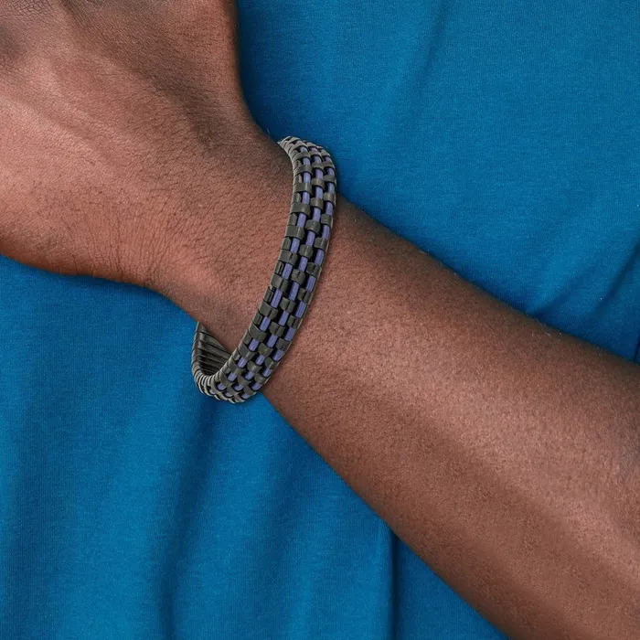 Chisel Stainless Steel Polished Black IPplated and Black and Blue Leather 825 inch Bracelet TreasureFineJewelers Bracelets