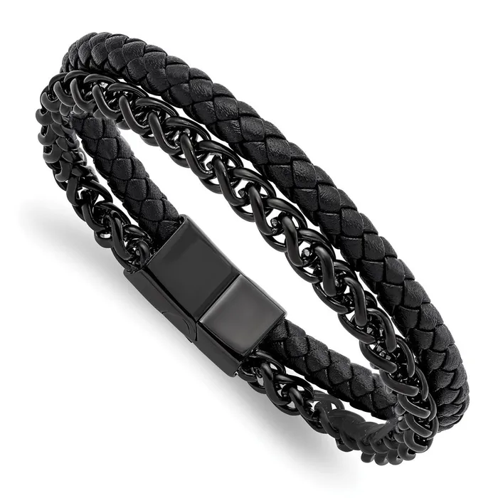 Chisel Stainless Steel Polished Black IPplated Chain and Black Leather 85 inch Bracelet TreasureFineJewelers Bracelets Chisel Stainless Steel Polished Black IPplated Chain and Black Leather 85 inch Bracelet TreasureFineJewelers Bracelets