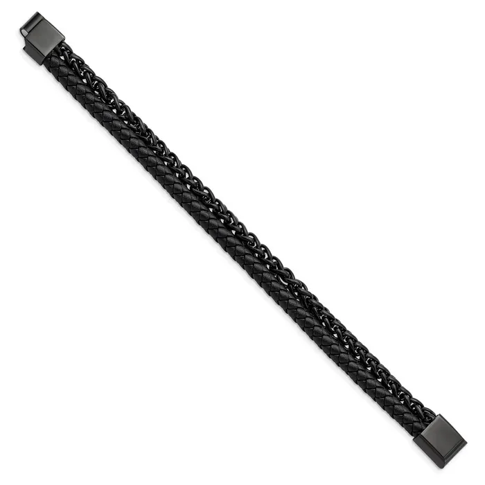 Chisel Stainless Steel Polished Black IPplated Chain and Black Leather 85 inch Bracelet TreasureFineJewelers Bracelets