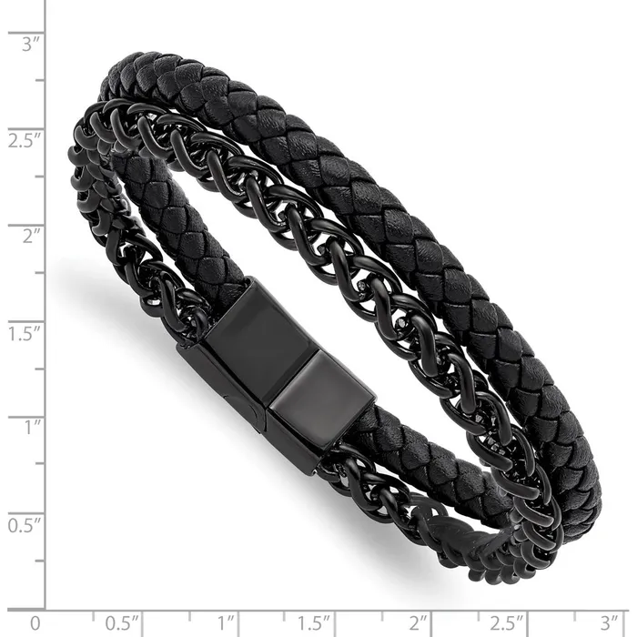 Chisel Stainless Steel Polished Black IPplated Chain and Black Leather 85 inch Bracelet TreasureFineJewelers Bracelets