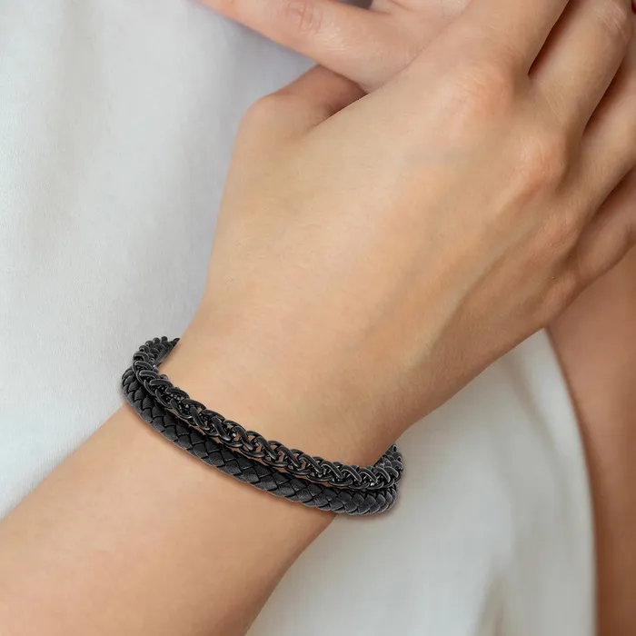 Chisel Stainless Steel Polished Black IPplated Chain and Black Leather 85 inch Bracelet TreasureFineJewelers Bracelets