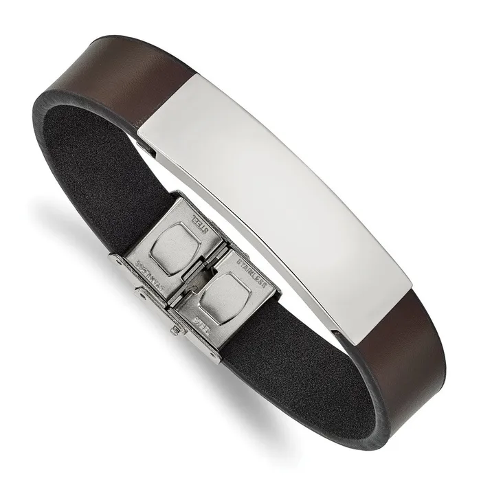 Chisel Stainless Steel Polished Brown Leather 825 inch ID Bracelet TreasureFineJewelers Bracelets Chisel Stainless Steel Polished Brown Leather 825 inch ID Bracelet TreasureFineJewelers Bracelets