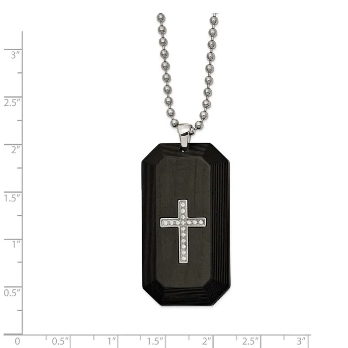 Chisel Stainless Steel Polished Solid Carbon Fiber with CZ Cross Dog Tag on a 24 inch Ball Chain Necklace TreasureFineJewelers Necklaces