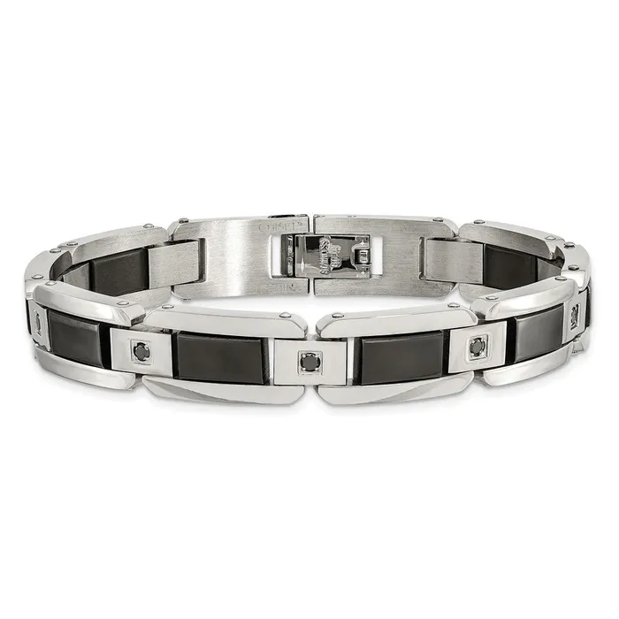 Chisel Stainless Steel Polished with Black Enamel and 12 carat Black Diamond 875 inch Bracelet TreasureFineJewelers Bracelets