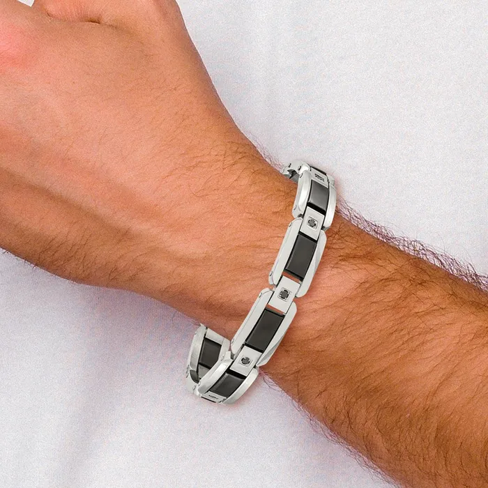 Chisel Stainless Steel Polished with Black Enamel and 12 carat Black Diamond 875 inch Bracelet TreasureFineJewelers Bracelets