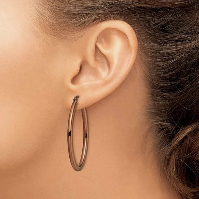 Earrings TreasureFineJewelers Stainless Steel Polished Brown IP 40mm Diameter Oval Hoop Earrings