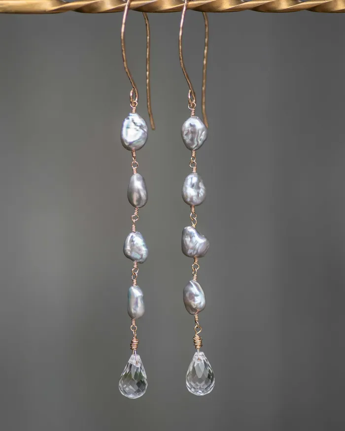 Earrings Vida Jewelry Designs Gray Keshi Pearl Crystal Quartz Drop Earrings