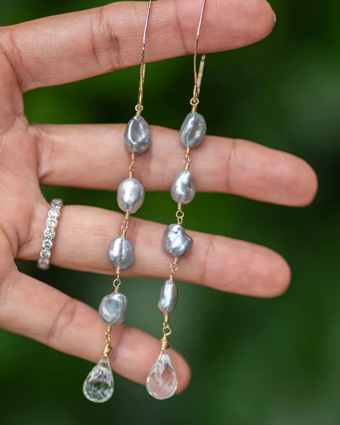 Earrings Vida Jewelry Designs Gray Keshi Pearl Crystal Quartz Drop Earrings