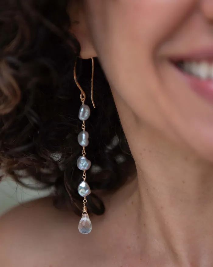 Earrings Vida Jewelry Designs Gray Keshi Pearl Crystal Quartz Drop Earrings