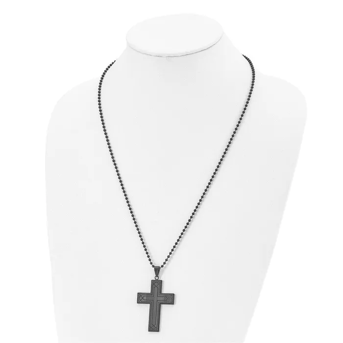 Necklaces Chisel Stainless Steel Polished Black IPplated Solid Black Carbon Fiber Cross Pendant on a 24 inch Ball Chain Necklace TreasureFineJewelers