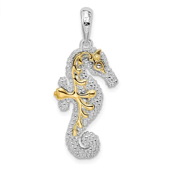 Necklaces Sterling Silver Polished 3D Large Seahorse w14k Accent Pendant TreasureFineJewelers