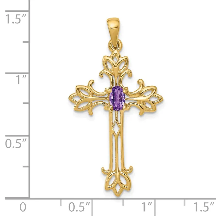 Necklaces TreasureFineJewelers 14k Yellow Gold Polished Amethyst Cross Pendant