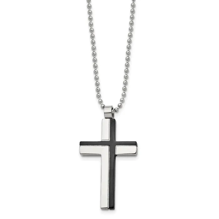 Necklaces TreasureFineJewelers Chisel Stainless Steel Polished Black IPplated Laser Cut Cross Pendant on a 20 inch Ball Chain Necklace