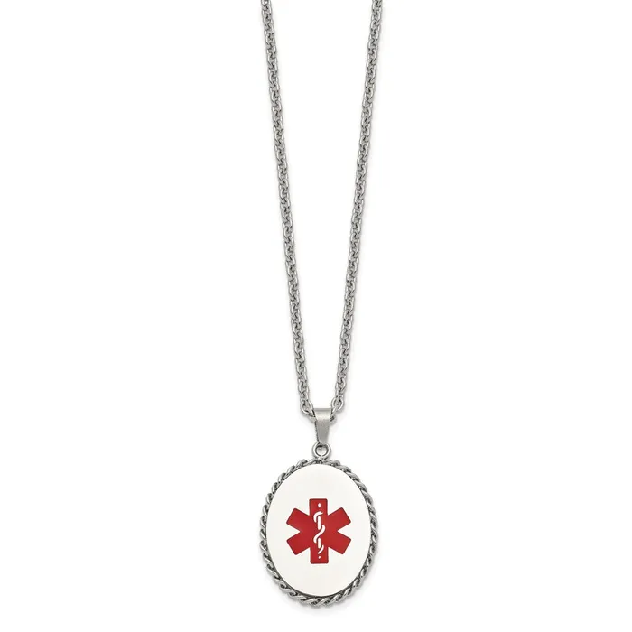 Necklaces TreasureFineJewelers Chisel Stainless Steel Polished with Red Enamel Oval Medical ID Pendant on a 20 inch Cable Chain Necklace
