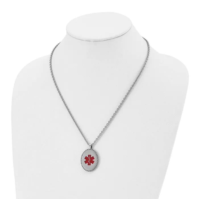 Necklaces TreasureFineJewelers Chisel Stainless Steel Polished with Red Enamel Oval Medical ID Pendant on a 20 inch Cable Chain Necklace
