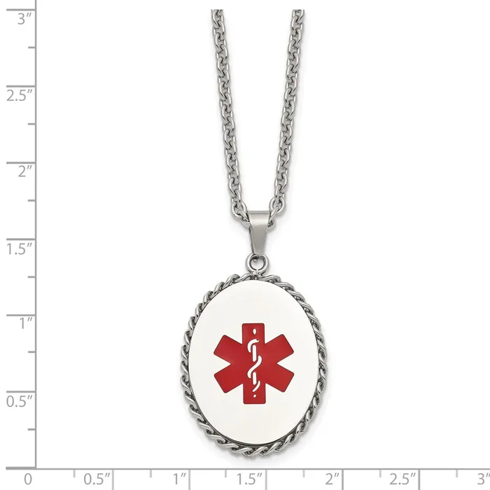Necklaces TreasureFineJewelers Chisel Stainless Steel Polished with Red Enamel Oval Medical ID Pendant on a 20 inch Cable Chain Necklace
