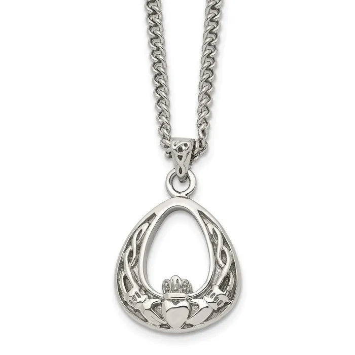 Necklaces TreasureFineJewelers Stainless Steel Antiqued and Polished Claddagh 18in Necklace Necklaces TreasureFineJewelers Stainless Steel Antiqued and Polished Claddagh 18in Necklace