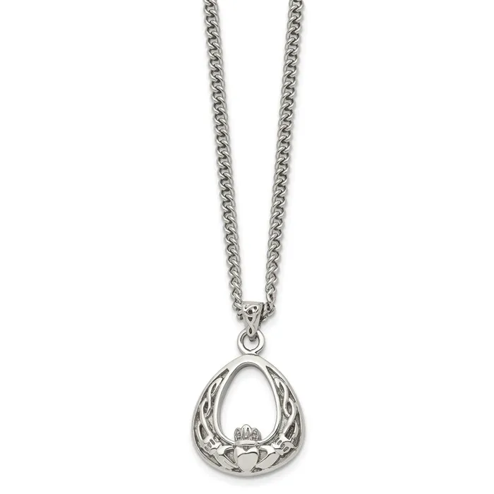 Necklaces TreasureFineJewelers Stainless Steel Antiqued and Polished Claddagh 18in Necklace