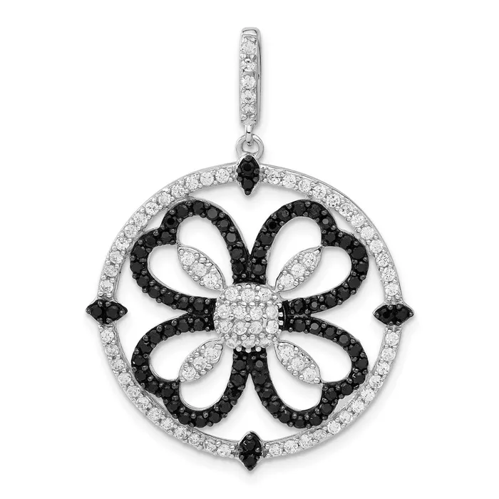 Necklaces TreasureFineJewelers Sterling Silver Black and White CZ Clover Circle Pendant Necklaces TreasureFineJewelers Sterling Silver Black and White CZ Clover Circle Pendant