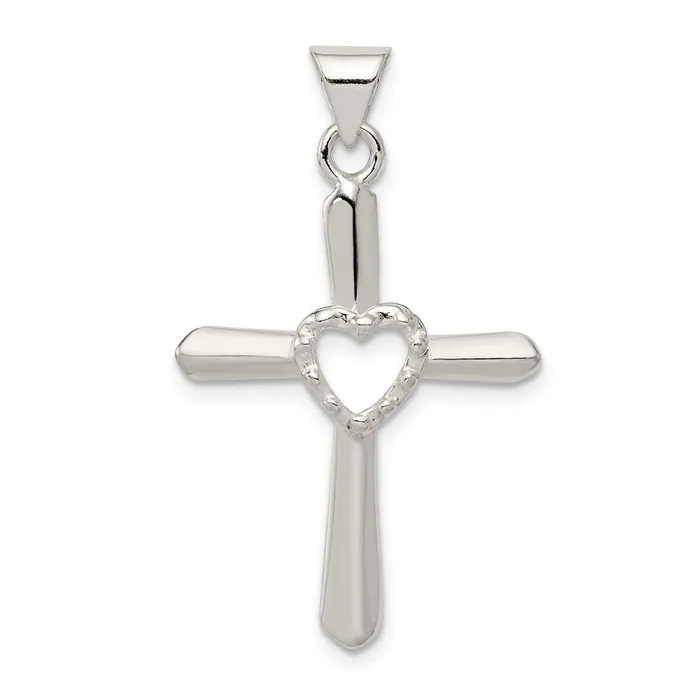 Necklaces TreasureFineJewelers Sterling Silver Polished and Textured Cross w Heart Pendant Necklaces TreasureFineJewelers Sterling Silver Polished and Textured Cross w Heart Pendant
