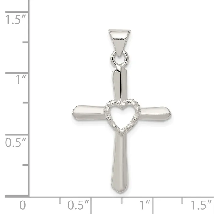 Necklaces TreasureFineJewelers Sterling Silver Polished and Textured Cross w Heart Pendant