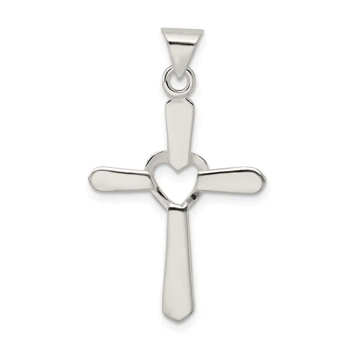 Necklaces TreasureFineJewelers Sterling Silver Polished and Textured Cross w Heart Pendant