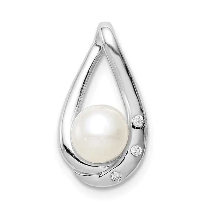 Necklaces TreasureFineJewelers Sterling Silver Rhodiumplated CZ 67mm FWC Pearl Teardrop Chain Slide Necklaces TreasureFineJewelers Sterling Silver Rhodiumplated CZ 67mm FWC Pearl Teardrop Chain Slide