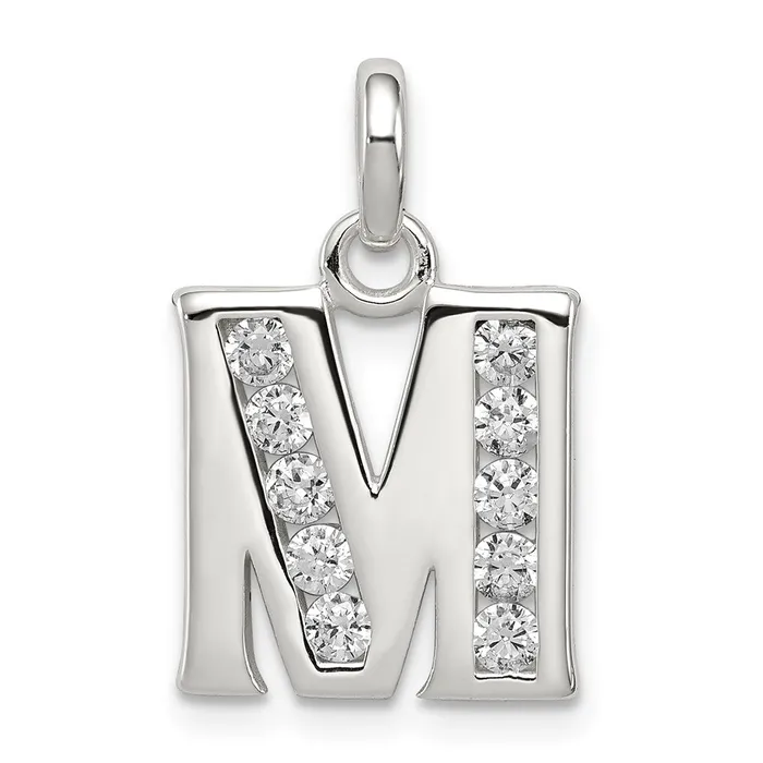 Necklaces TreasureFineJewelers Sterling Silver White CZ Letter M Initial Pendant Necklaces TreasureFineJewelers Sterling Silver White CZ Letter M Initial Pendant