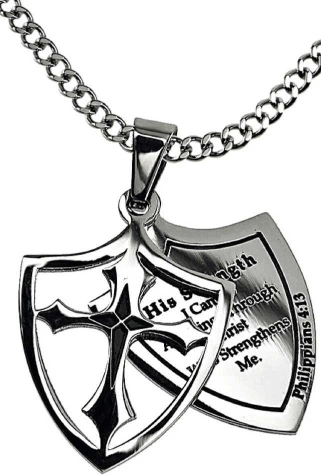 North Arrow Shop Necklaces Strength Necklace Two Piece Cross Shield with Bible Verse Stainless Steel Curb Chain