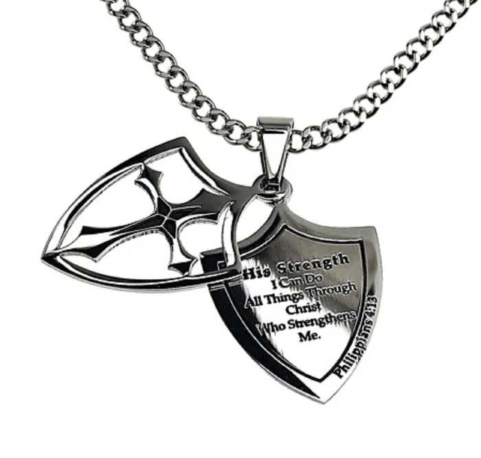 North Arrow Shop Necklaces Strength Necklace Two Piece Cross Shield with Bible Verse Stainless Steel Curb Chain North Arrow Shop Necklaces Strength Necklace Two Piece Cross Shield with Bible Verse Stainless Steel Curb Chain