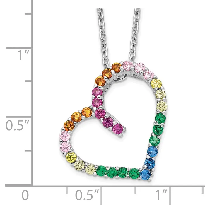 Prizma Sterling Silver Rhodiumplated 18 inch with 1 inch extender Fancy Lobster Clasp Colorful CZ Open Heart Necklace TreasureFineJewelers Necklaces