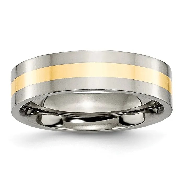 Rings TreasureFineJewelers Titanium Polished w14k Yellow Gold Inlay 6mm Flat Band Rings TreasureFineJewelers Titanium Polished w14k Yellow Gold Inlay 6mm Flat Band