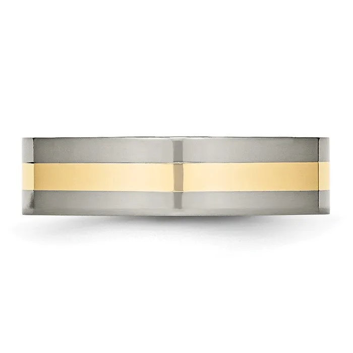 Rings TreasureFineJewelers Titanium Polished w14k Yellow Gold Inlay 6mm Flat Band