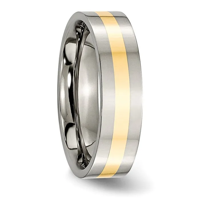 Rings TreasureFineJewelers Titanium Polished w14k Yellow Gold Inlay 6mm Flat Band