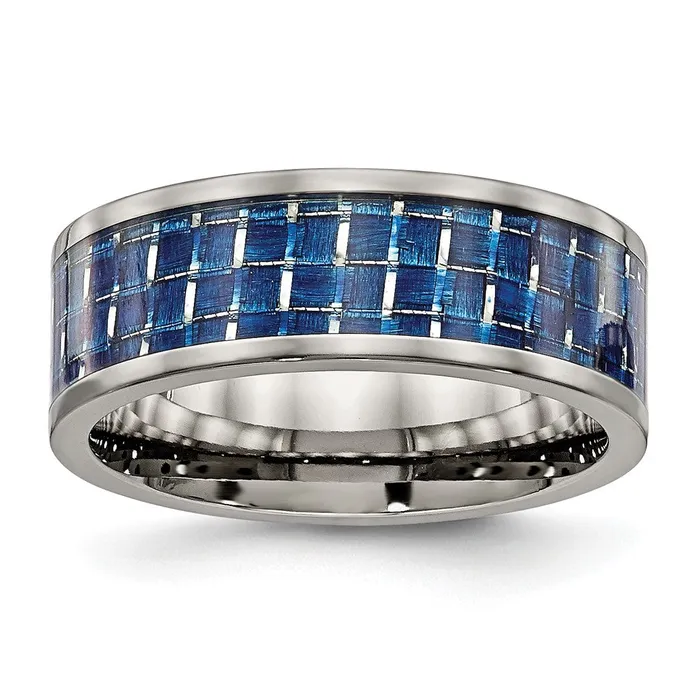 Rings TreasureFineJewelers Titanium Polished wBlue Carbon Fiber Inlay 8mm Flat Band Rings TreasureFineJewelers Titanium Polished wBlue Carbon Fiber Inlay 8mm Flat Band