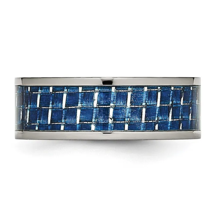 Rings TreasureFineJewelers Titanium Polished wBlue Carbon Fiber Inlay 8mm Flat Band