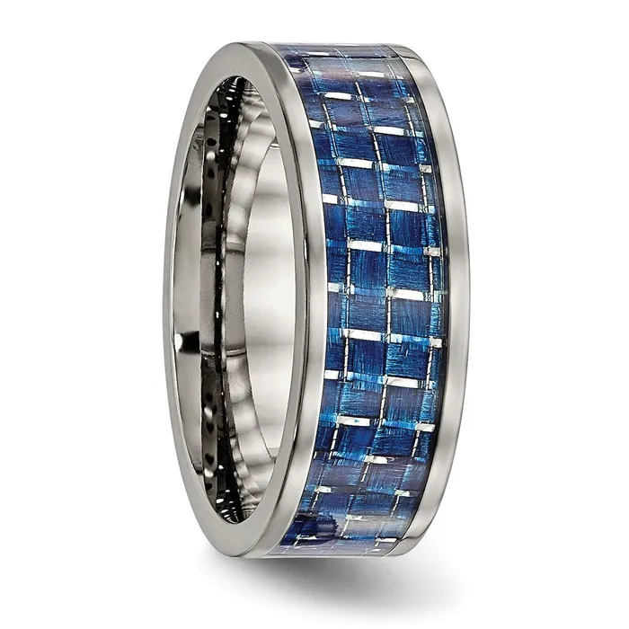 Rings TreasureFineJewelers Titanium Polished wBlue Carbon Fiber Inlay 8mm Flat Band