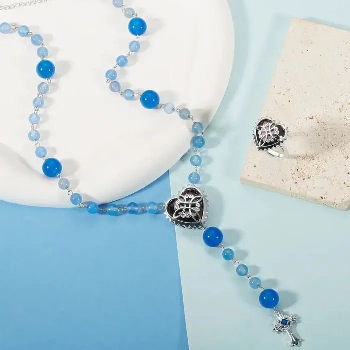 Rosary Necklace 925 Silver Natural Blue Agate Purple CZ diamond Designer Toita 2024 collection Trendolla Jewelry Necklaces