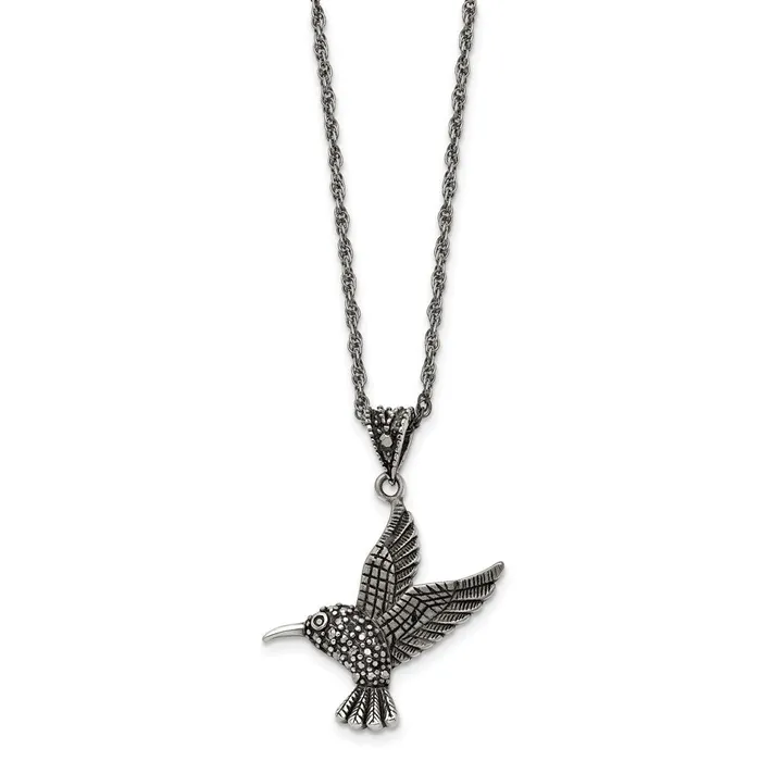 Stainless Steel Antiqued and Polished wMarcasite Hummingbird Necklace TreasureFineJewelers Necklaces