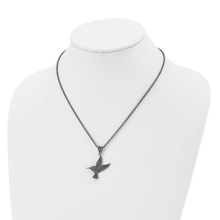 Stainless Steel Antiqued and Polished wMarcasite Hummingbird Necklace TreasureFineJewelers Necklaces