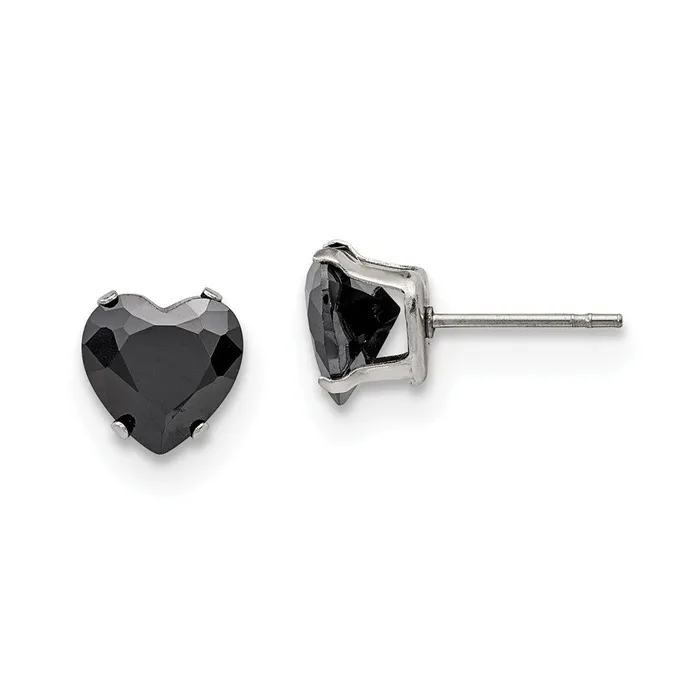 Stainless Steel Polished 8mm Black Heart CZ Stud Post Earrings TreasureFineJewelers Earrings