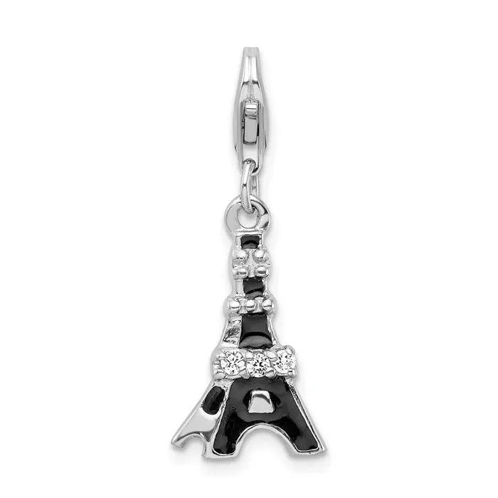 Sterling Silver Amore La Vita Rhdpl Black Enameled CZ Eiffel Tower Charm TreasureFineJewelers Rings