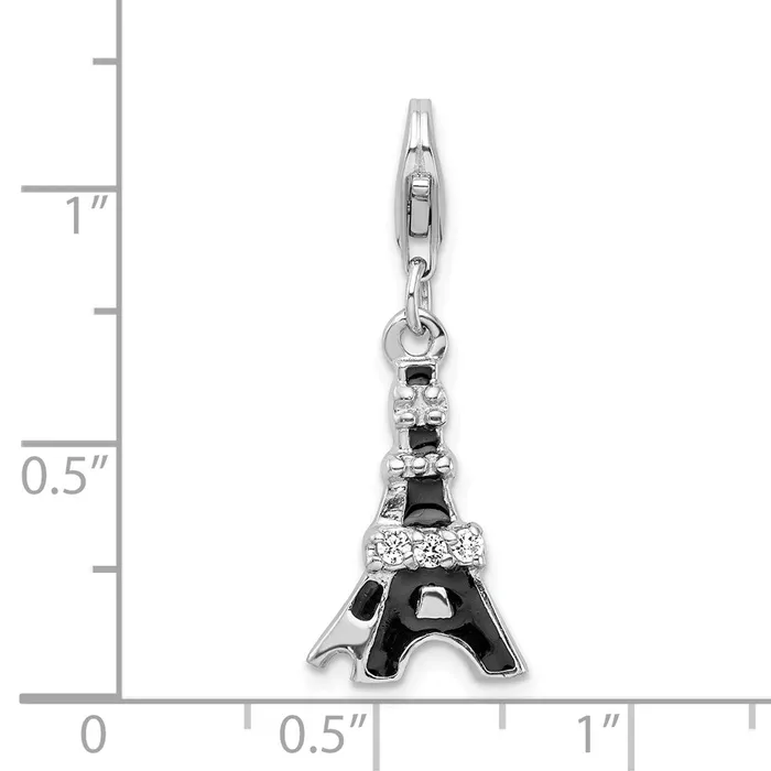 Sterling Silver Amore La Vita Rhdpl Black Enameled CZ Eiffel Tower Charm TreasureFineJewelers Rings