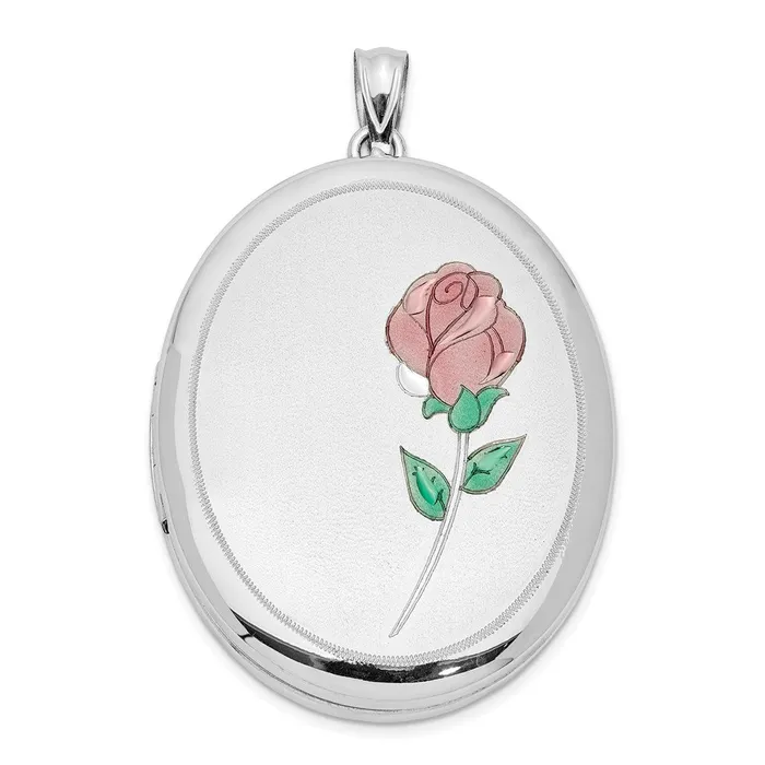 Sterling Silver Rhodplated Satin Polished Enamel Rose 34mm Oval Locket TreasureFineJewelers Rings