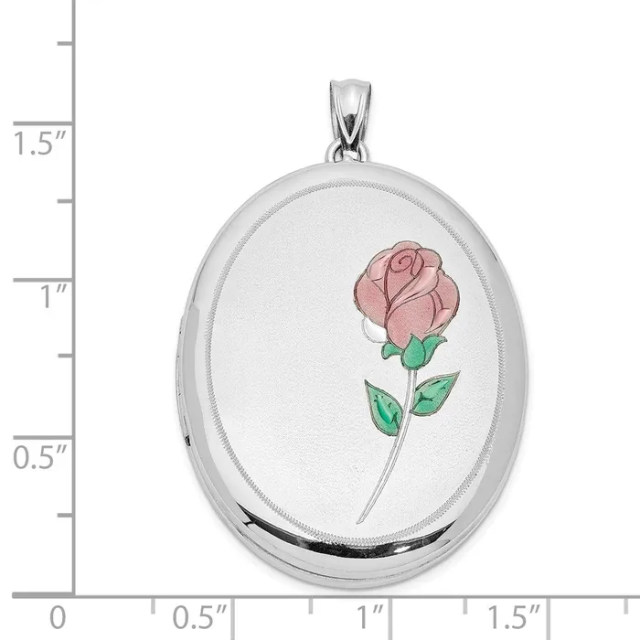 Sterling Silver Rhodplated Satin Polished Enamel Rose 34mm Oval Locket TreasureFineJewelers Rings