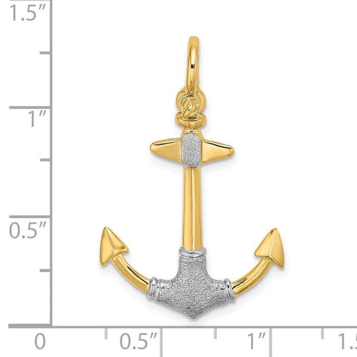 TreasureFineJewelers 14K wRhodium 3D Textured Anchor W Shackle Bail Charm Charm Necklaces